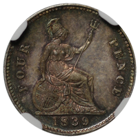 1839年 英国イギリス 4ペンス銀貨  NGC鑑定 PF65 ヴィクトリア女王