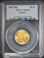 1865年BB フランス 20フラン金貨 PCGS鑑定 MS64 ナポレオン3世