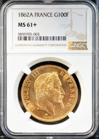 1862年A フランス 100フラン金貨 NGC鑑定 MS61+ ナポレオン3世