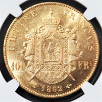 1862年A フランス 100フラン金貨 NGC鑑定 MS61+ ナポレオン3世